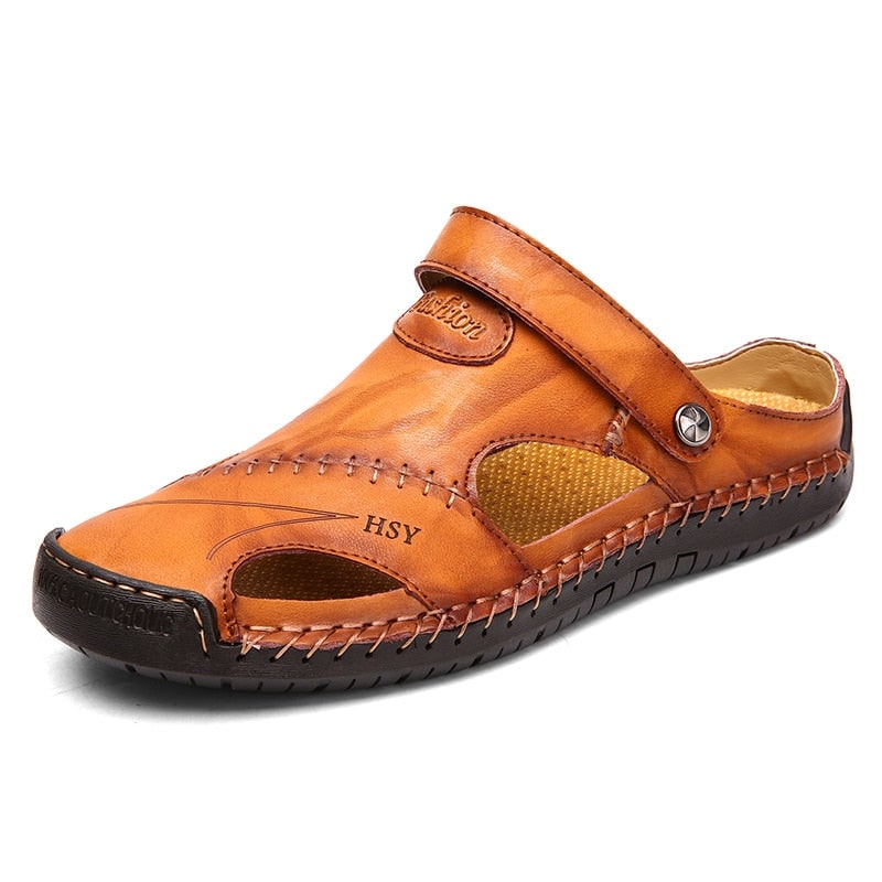 Men's Leather Sandals Slip on Shoes with Breathable Design for Comfortable Wear - Image 1