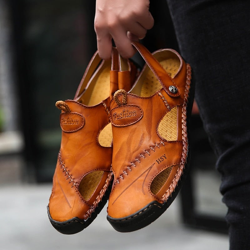 Men's Leather Sandals Slip on Shoes with Breathable Design for Comfortable Wear - Image 2
