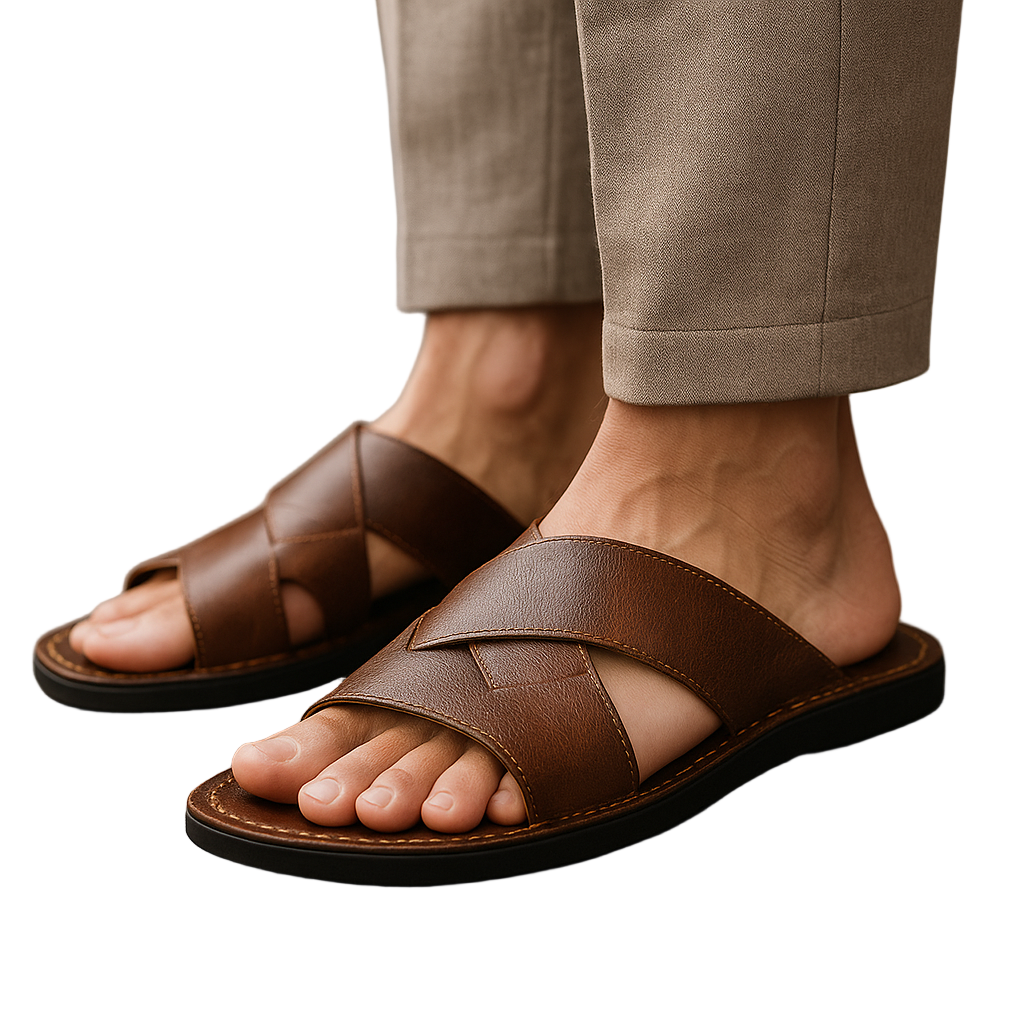 Men's Leather Slide Sandals with Crossover Straps and Open Toe Beach Design - Image 2