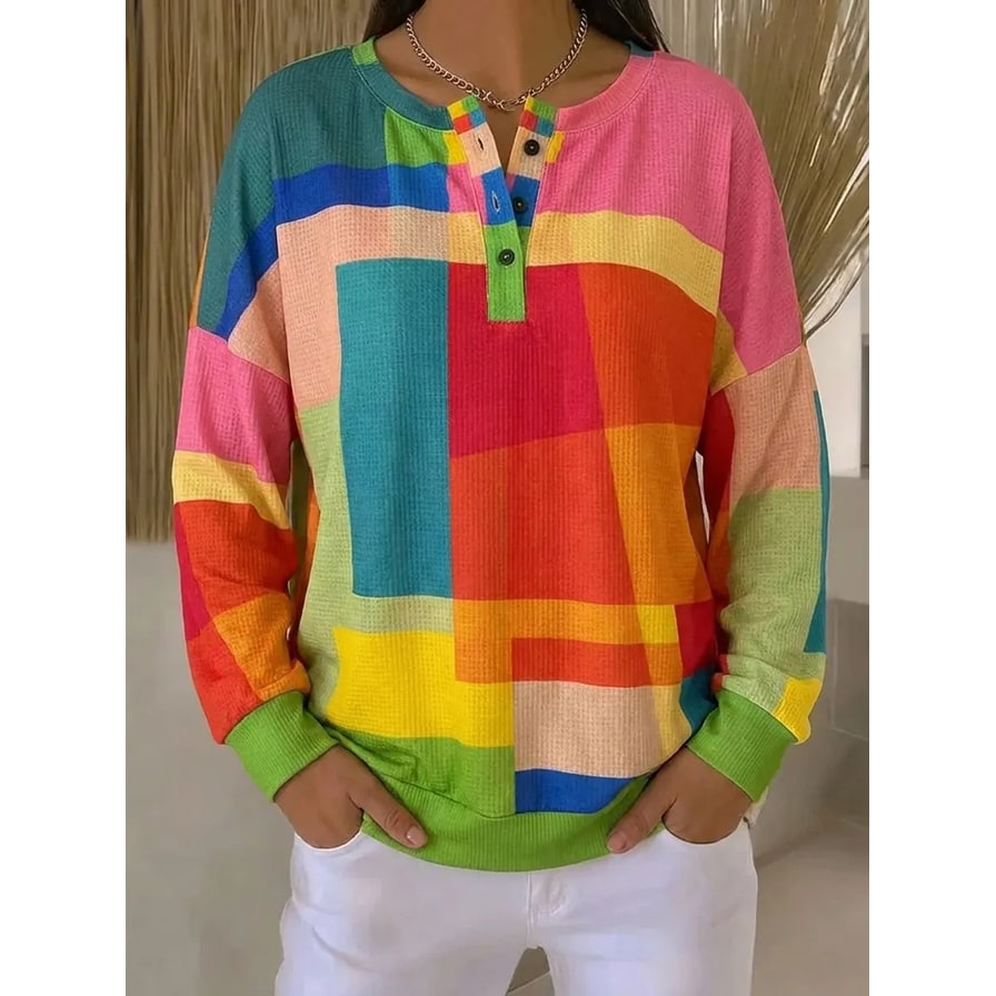 Men's Long Sleeve Henley Shirt with Waffle Knit and Geometric Print - Image 1