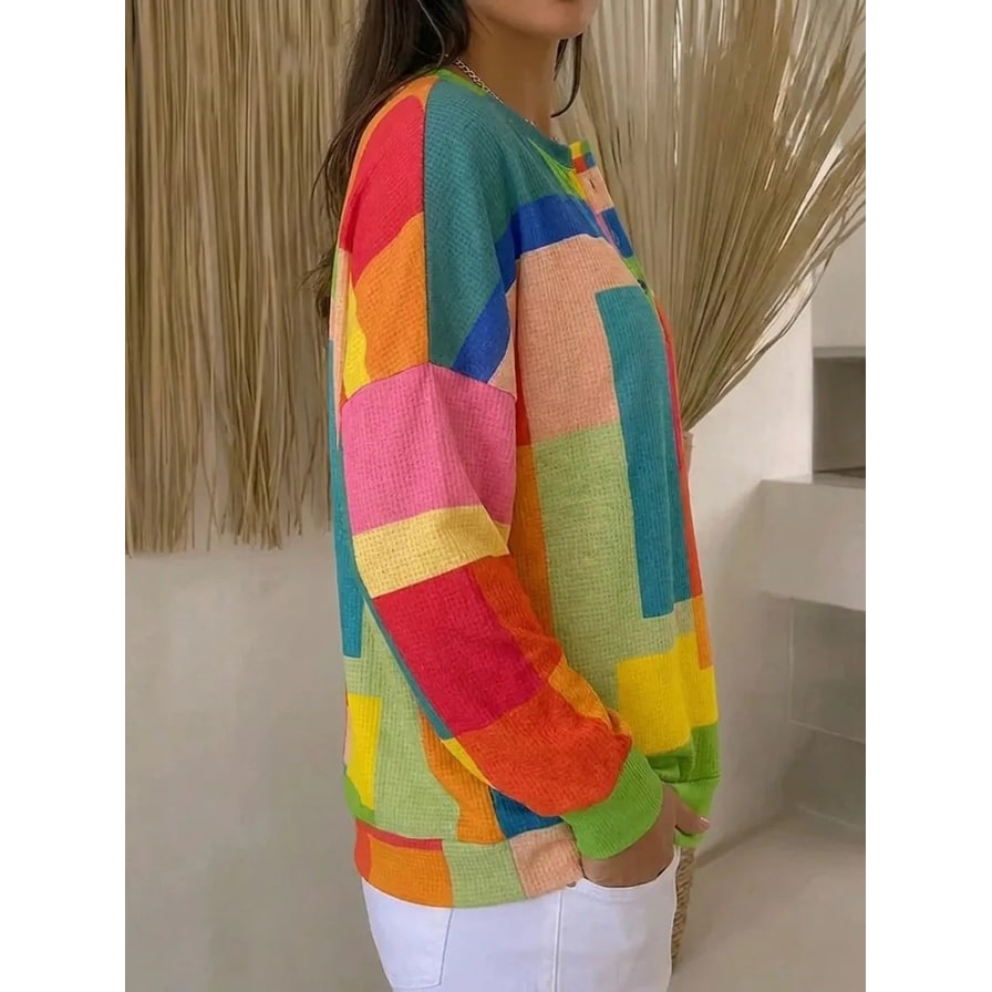 Men's Long Sleeve Henley Shirt with Waffle Knit and Geometric Print - Image 2