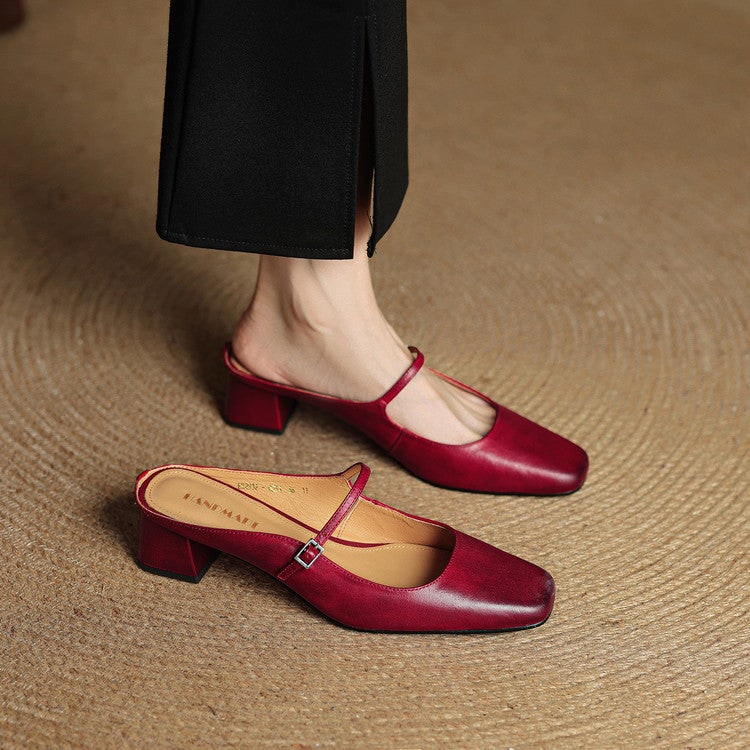 Men's Mary Jane Shoes Mules Block Heels Square Toe Buckle Strap - Image 1