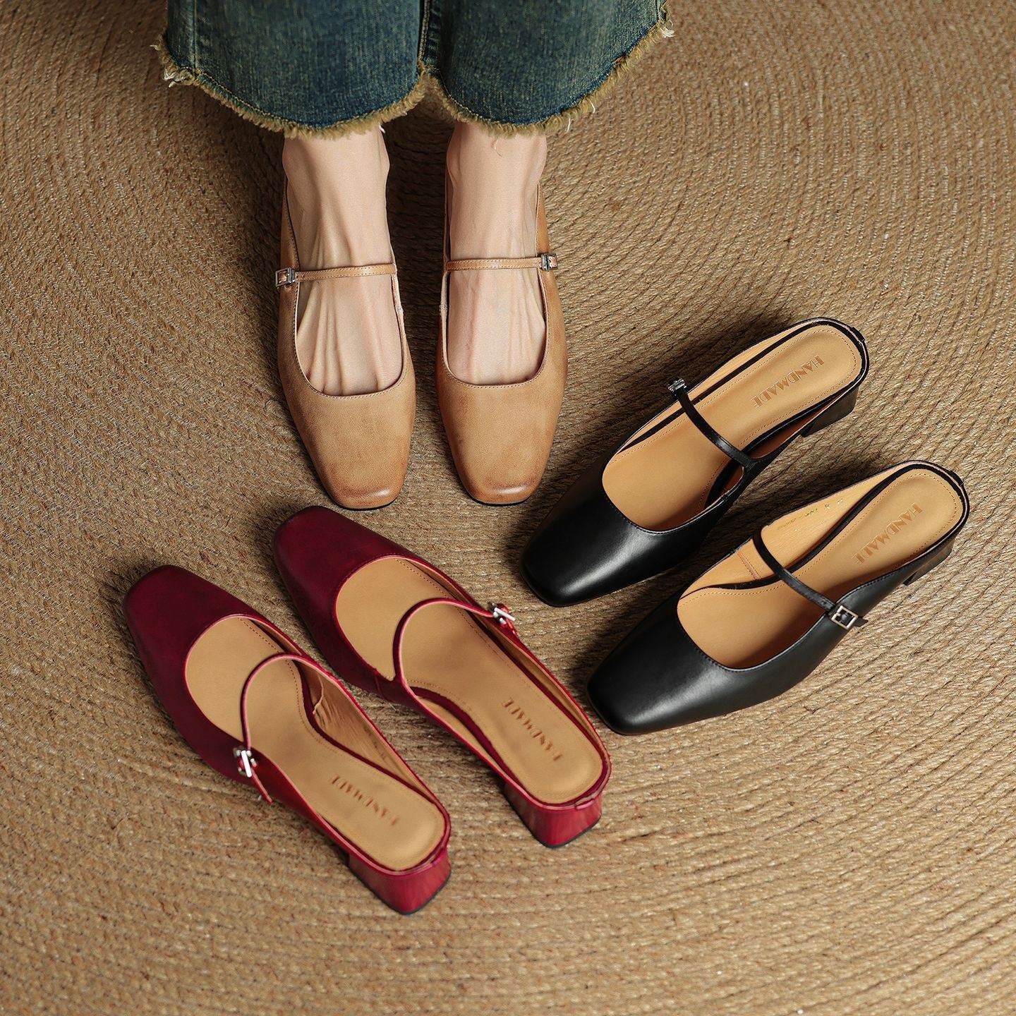 Men's Mary Jane Shoes Mules Block Heels Square Toe Buckle Strap - Image 10