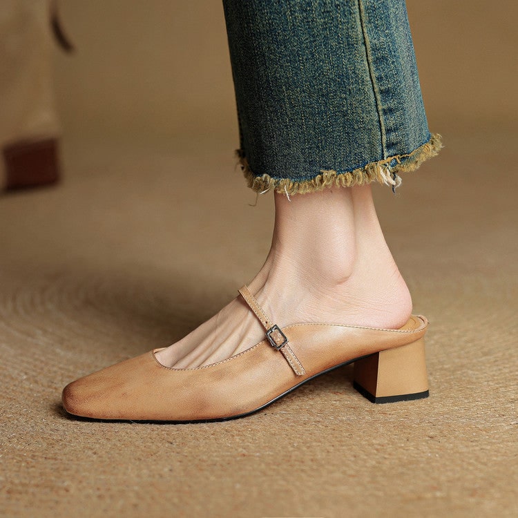 Men's Mary Jane Shoes Mules Block Heels Square Toe Buckle Strap - Image 11