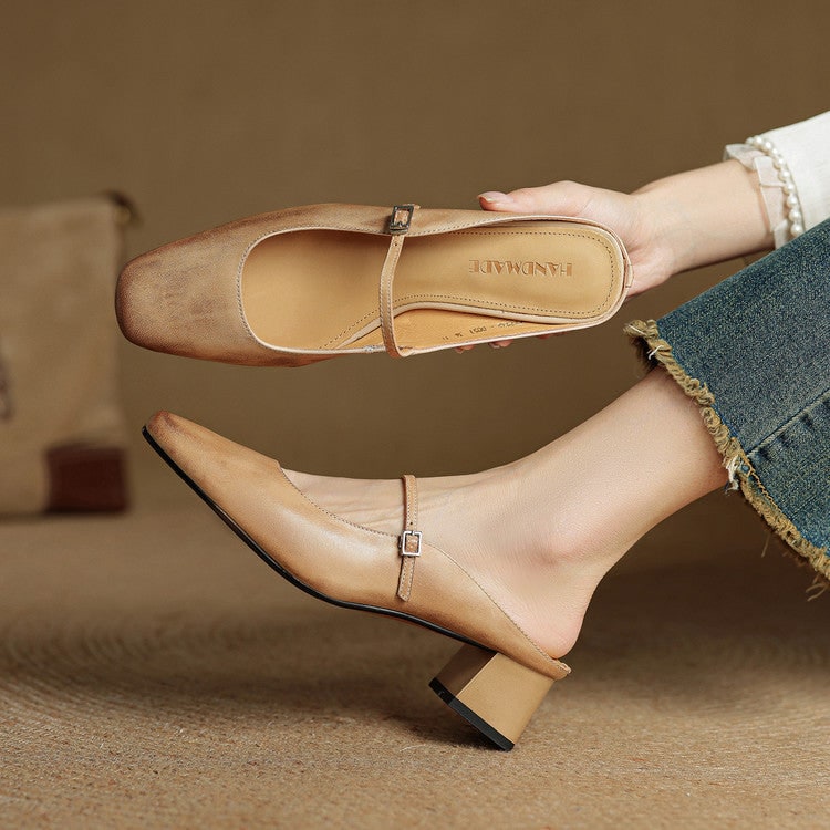 Men's Mary Jane Shoes Mules Block Heels Square Toe Buckle Strap - Image 12