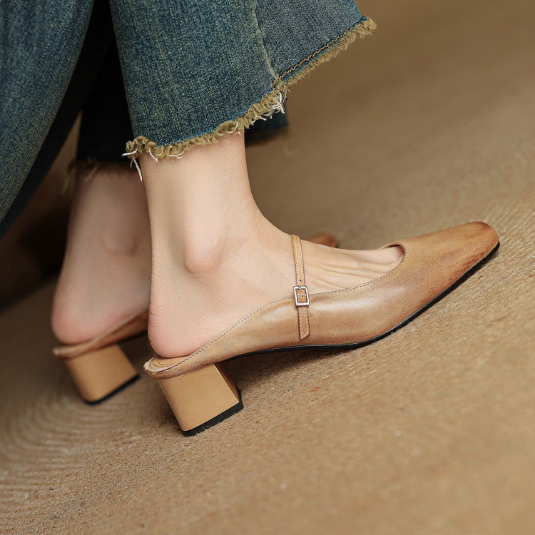 Men's Mary Jane Shoes Mules Block Heels Square Toe Buckle Strap - Image 13