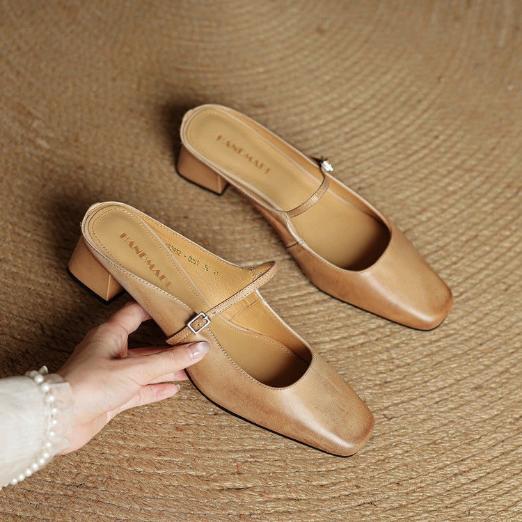 Men's Mary Jane Shoes Mules Block Heels Square Toe Buckle Strap - Image 14