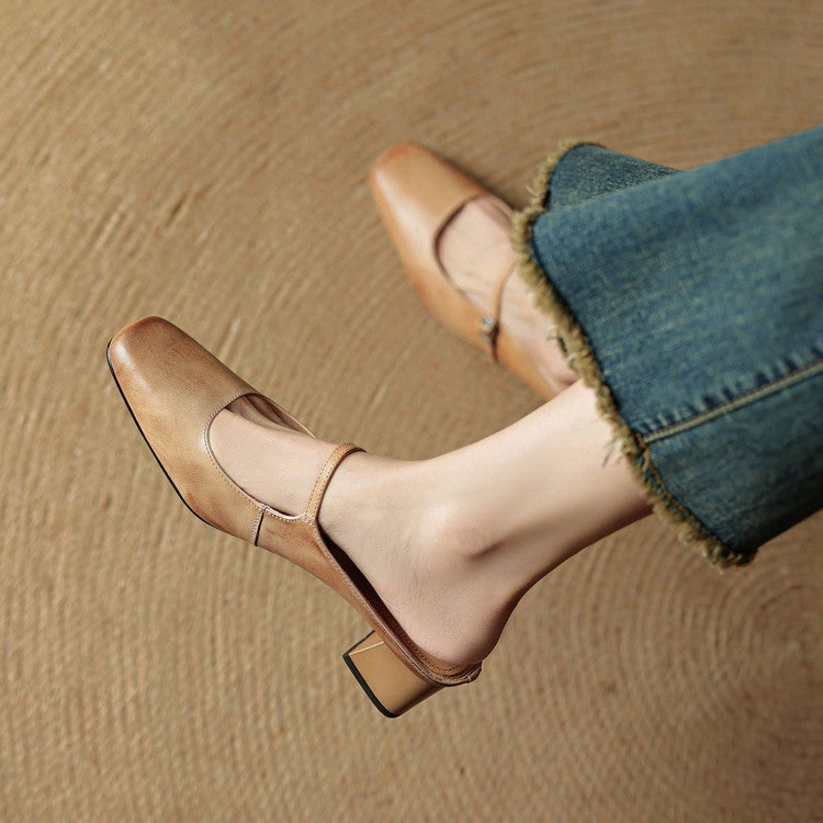 Men's Mary Jane Shoes Mules Block Heels Square Toe Buckle Strap - Image 15