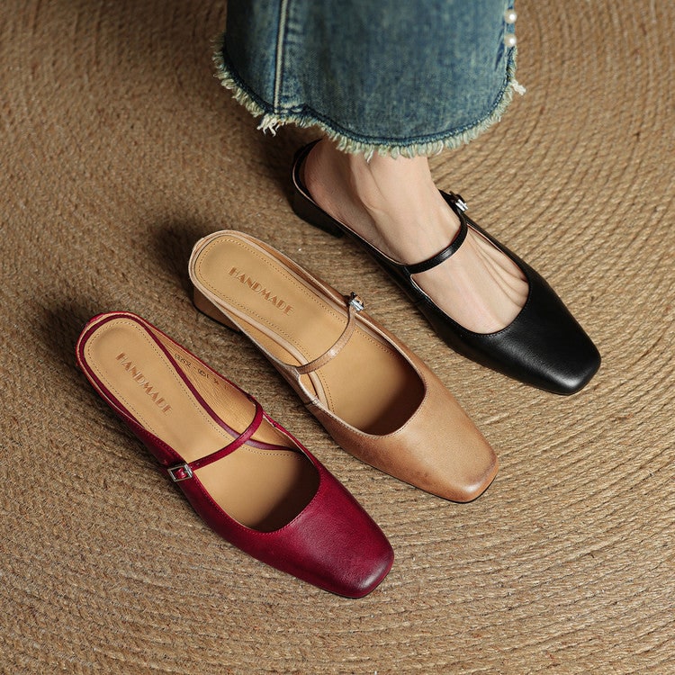 Men's Mary Jane Shoes Mules Block Heels Square Toe Buckle Strap - Image 18