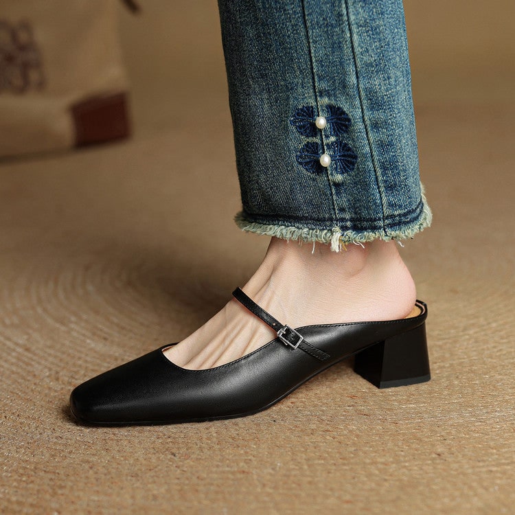 Men's Mary Jane Shoes Mules Block Heels Square Toe Buckle Strap - Image 19