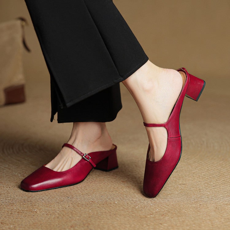 Men's Mary Jane Shoes Mules Block Heels Square Toe Buckle Strap - Image 2