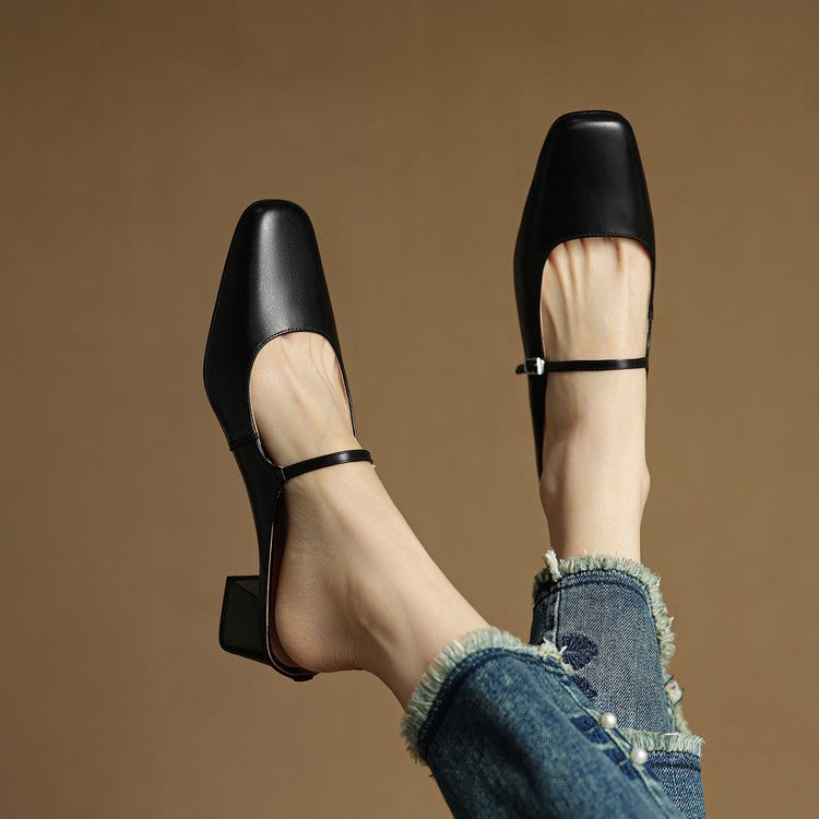 Men's Mary Jane Shoes Mules Block Heels Square Toe Buckle Strap - Image 20
