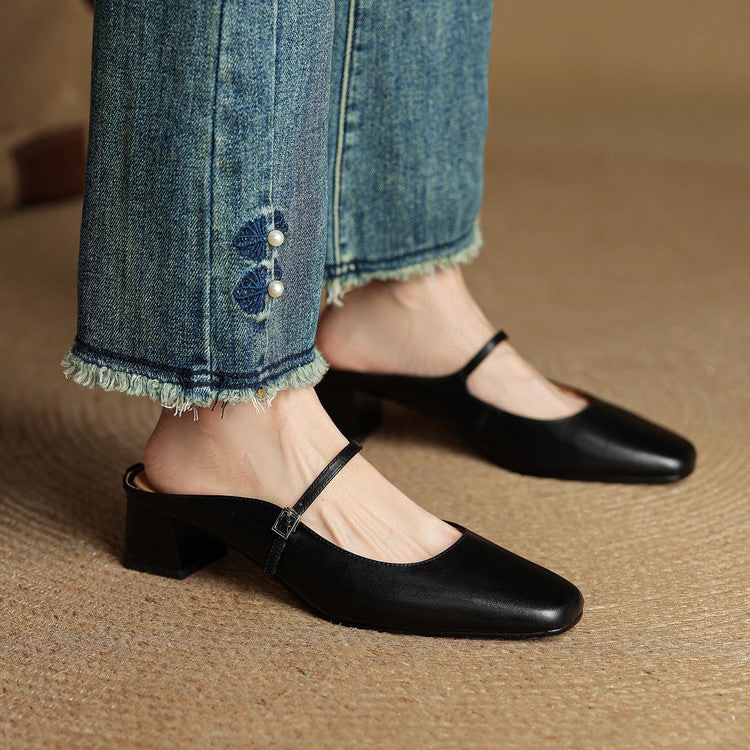 Men's Mary Jane Shoes Mules Block Heels Square Toe Buckle Strap - Image 22