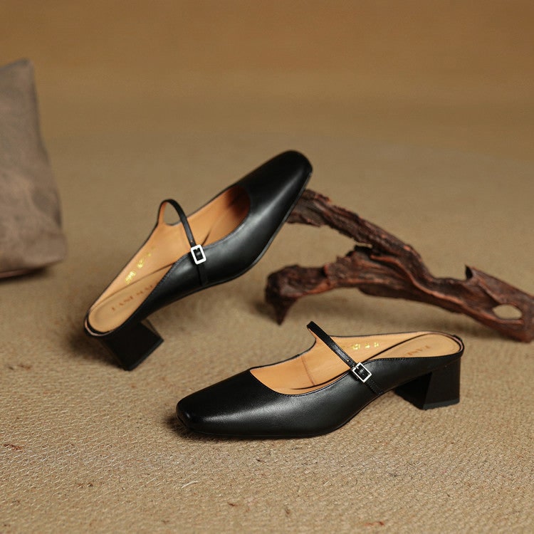 Men's Mary Jane Shoes Mules Block Heels Square Toe Buckle Strap - Image 23