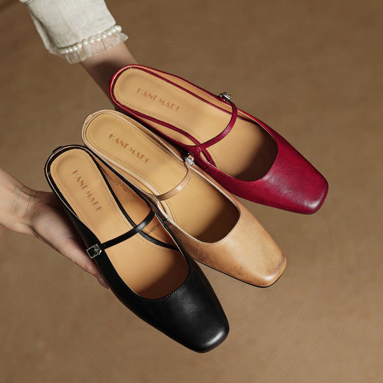 Men's Mary Jane Shoes Mules Block Heels Square Toe Buckle Strap - Image 26
