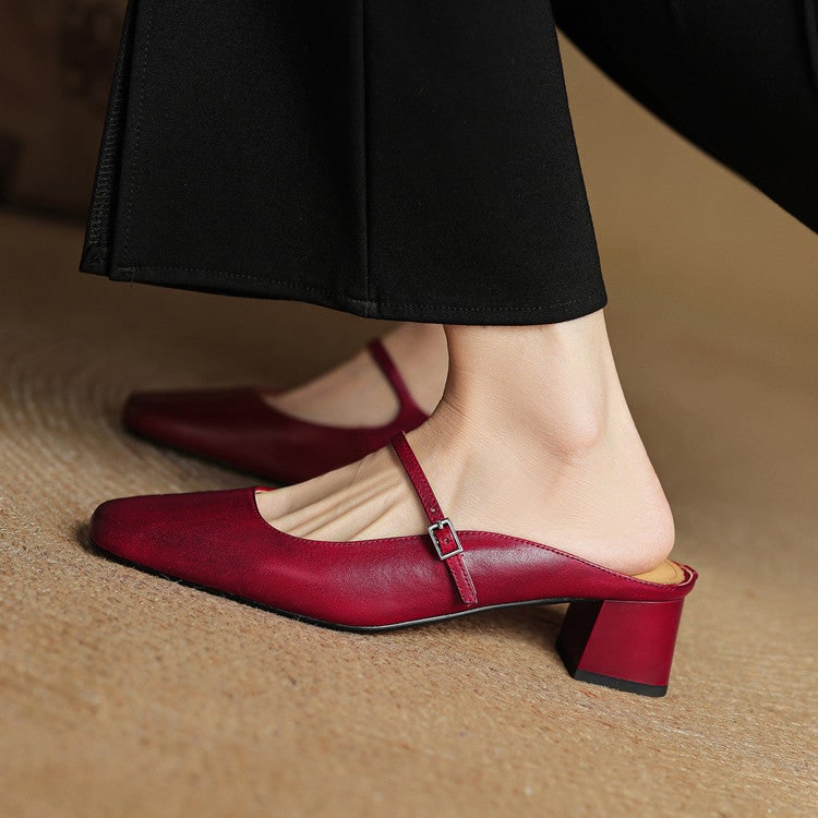 Men's Mary Jane Shoes Mules Block Heels Square Toe Buckle Strap - Image 4