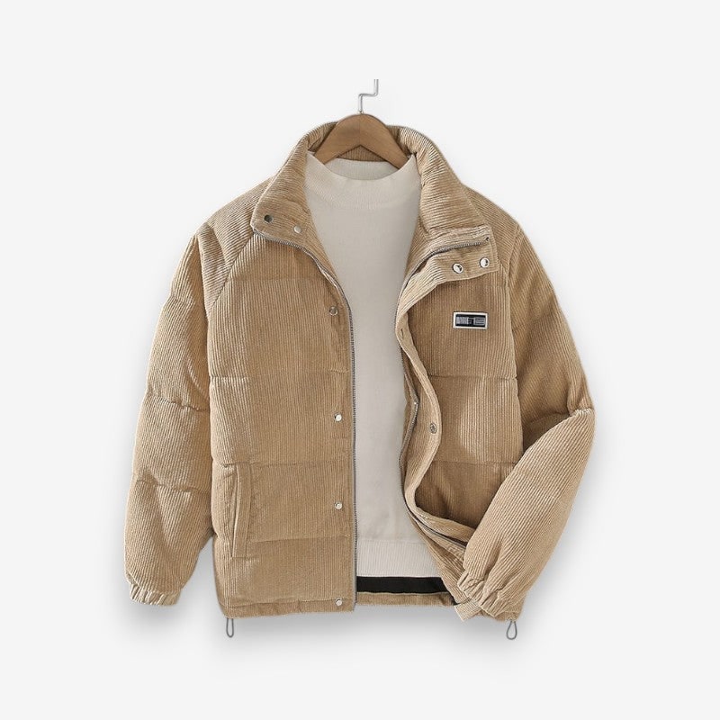 Men's Packable Corduroy Puffer Jacket with Quilted Baffles and Stand Collar - Image 1