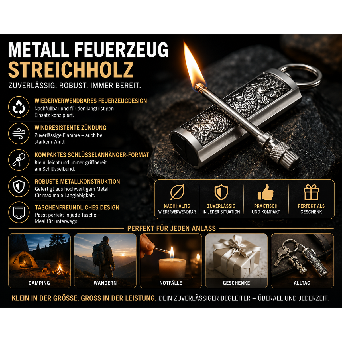 Men's Permanent Match Lighter Keychain with Metal Striker and Flint Fire Starter - Image 6