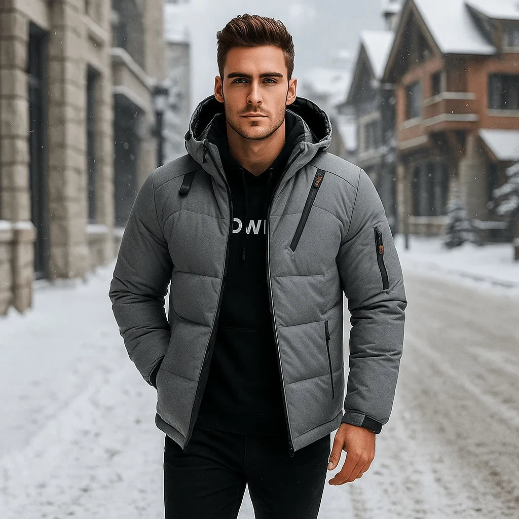 Men's Puffer Jacket with Adjustable Hood Quilted Down Fill and Zippered Pockets - Image 2