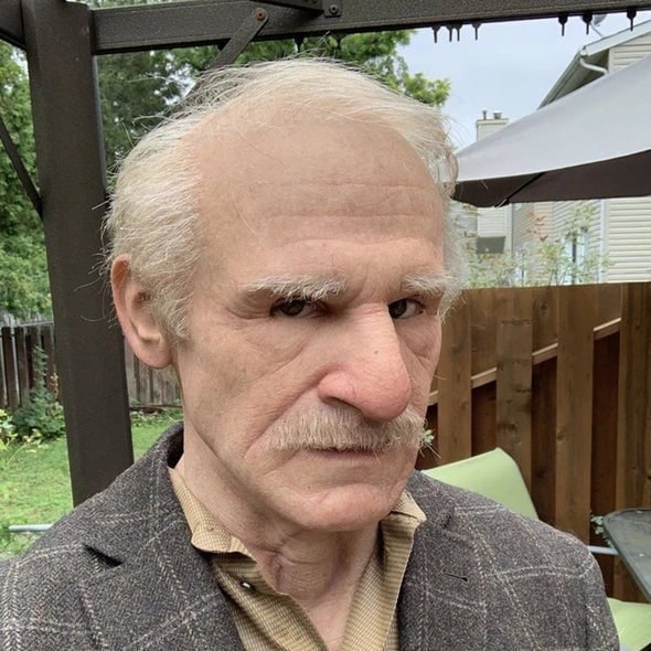 Men's Realistic Silicone Old Man Mask with Extended Chest Bib and Hair Details - Image 1
