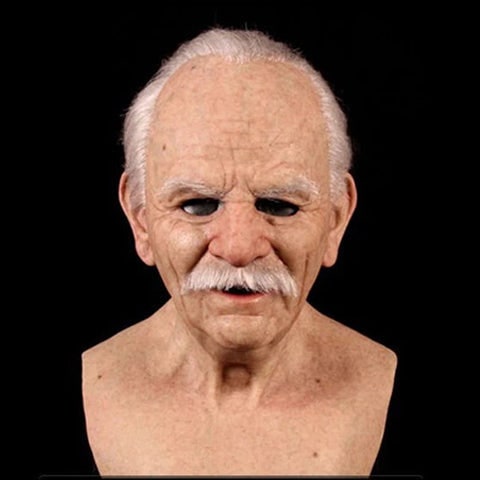 Men's Realistic Silicone Old Man Mask with Extended Chest Bib and Hair Details - Image 12