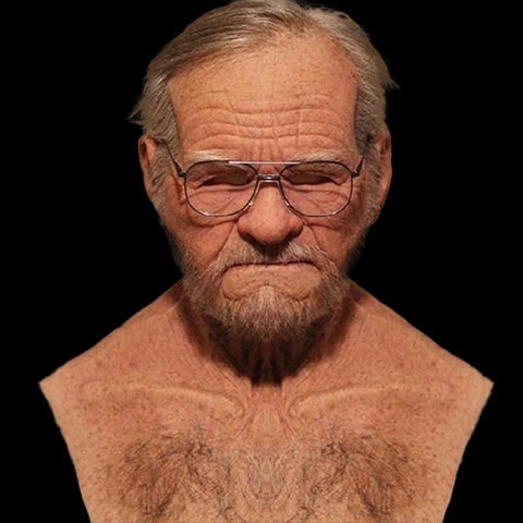 Men's Realistic Silicone Old Man Mask with Extended Chest Bib and Hair Details - Image 17