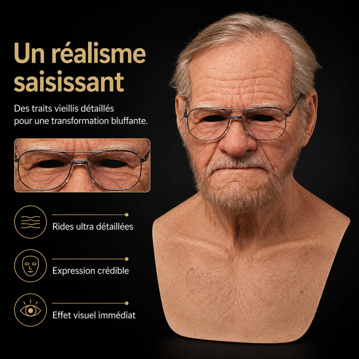Men's Realistic Silicone Old Man Mask with Extended Chest Bib and Hair Details - Image 3