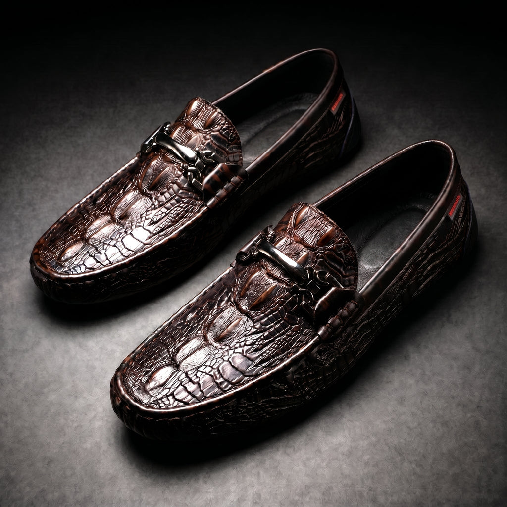 Men's Slip on Loafers with Croc Embossed Leather and Metal Bit Detail - Image 1