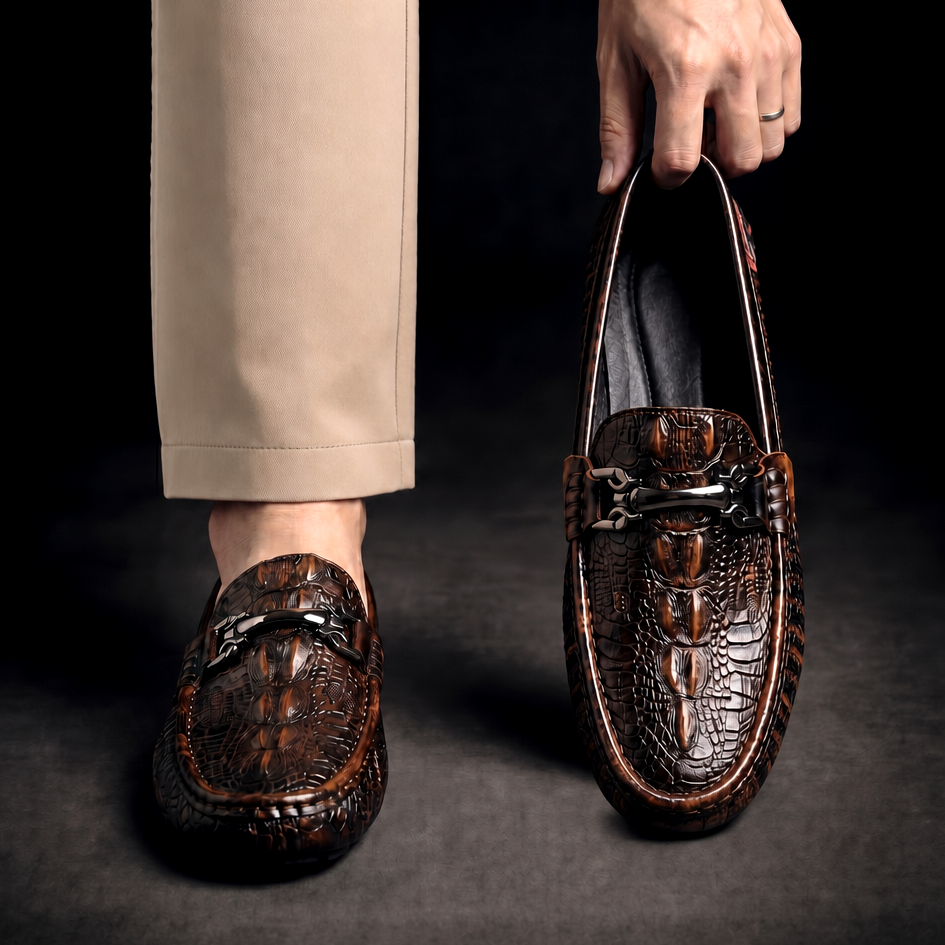 Men's Slip on Loafers with Croc Embossed Leather and Metal Bit Detail - Image 2