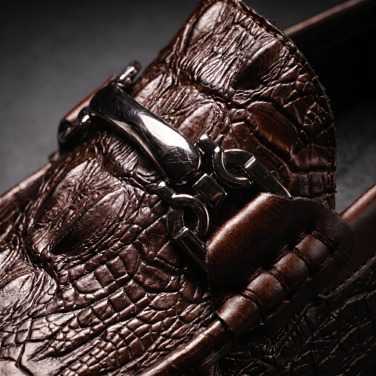 Men's Slip on Loafers with Croc Embossed Leather and Metal Bit Detail - Image 3