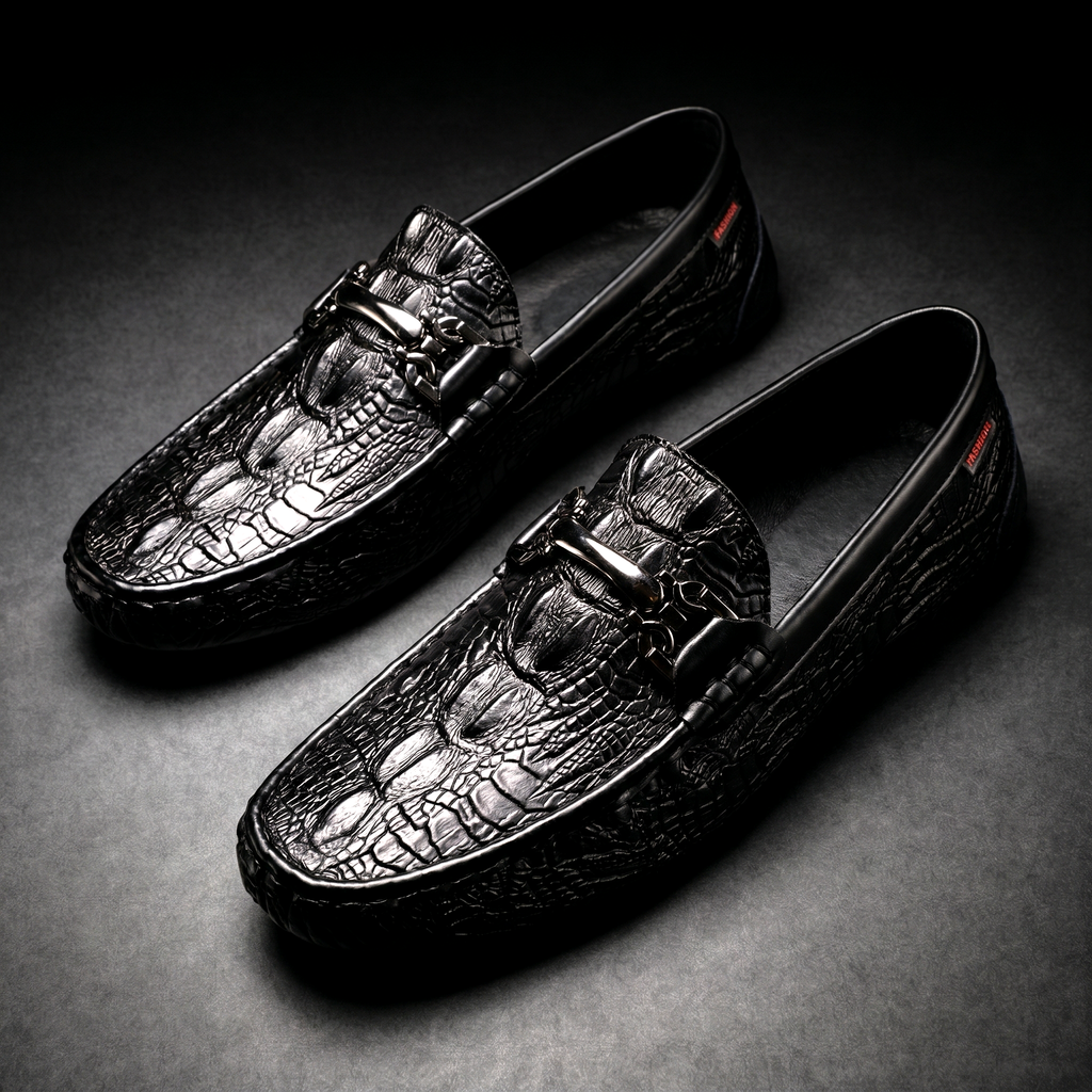 Men's Slip on Loafers with Croc Embossed Leather and Metal Bit Detail - Image 5