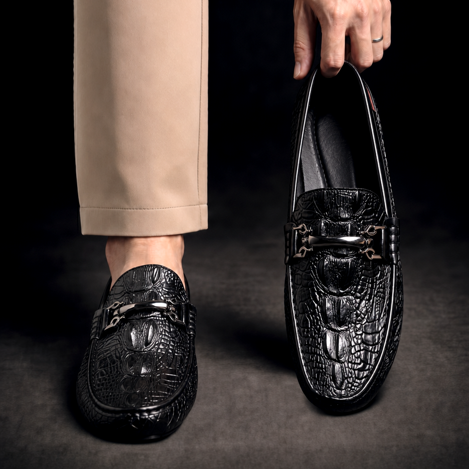 Men's Slip on Loafers with Croc Embossed Leather and Metal Bit Detail - Image 6