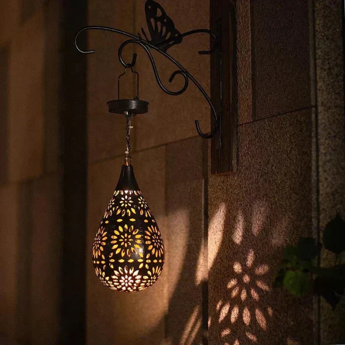 Men's Solar Powered Hanging Outdoor Lantern with Floral Cutout and Decorative Shadow - Image 2