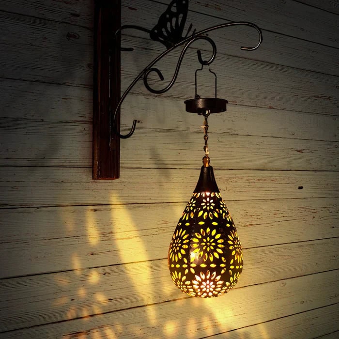 Men's Solar Powered Hanging Outdoor Lantern with Floral Cutout and Decorative Shadow - Image 3