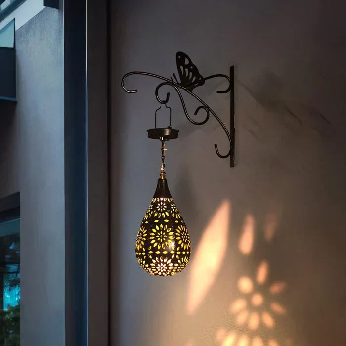 Men's Solar Powered Hanging Outdoor Lantern with Floral Cutout and Decorative Shadow - Image 4