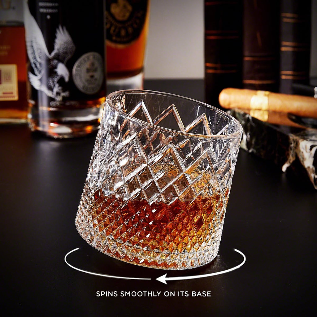 Men's Spinning Whiskey Glass Tumbler with Diamond Cut and Wooden Coaster - Image 1