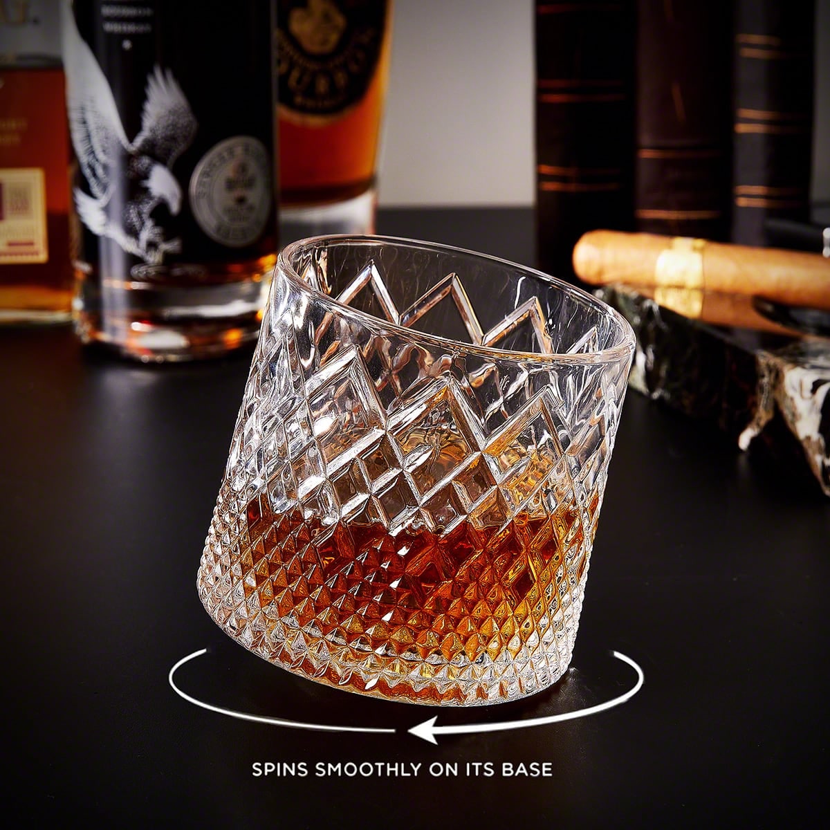 Men's Spinning Whiskey Glass Tumbler with Diamond Cut and Wooden Coaster - Image 1