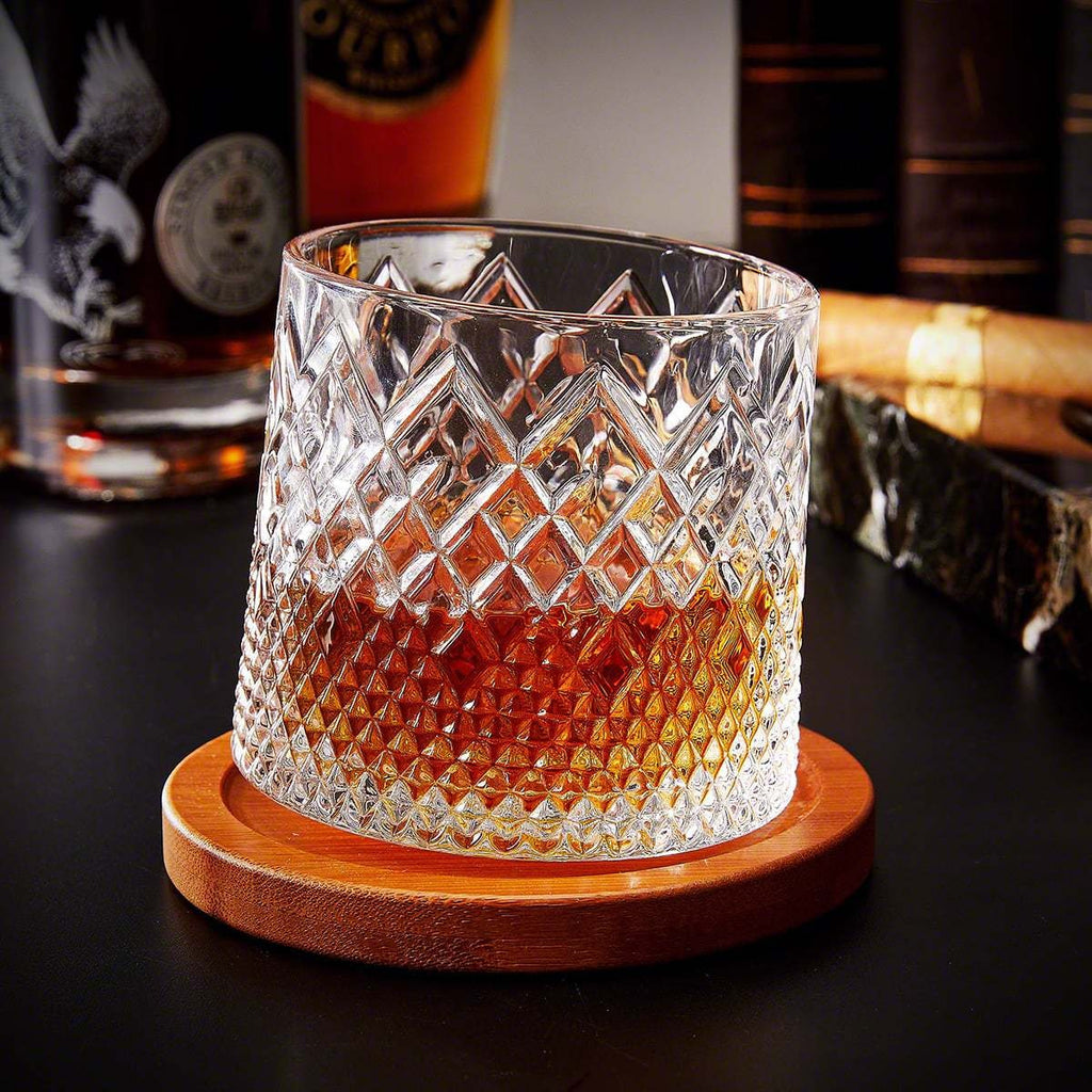 Men's Spinning Whiskey Glass Tumbler with Diamond Cut and Wooden Coaster - Image 2