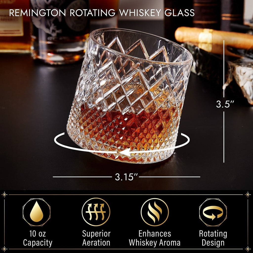Men's Spinning Whiskey Glass Tumbler with Diamond Cut and Wooden Coaster - Image 3