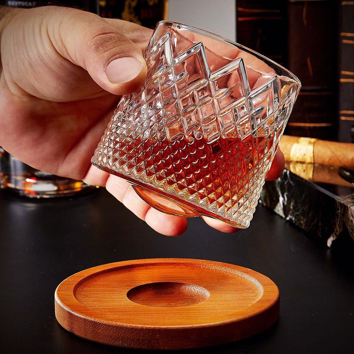 Men's Spinning Whiskey Glass Tumbler with Diamond Cut and Wooden Coaster - Image 4
