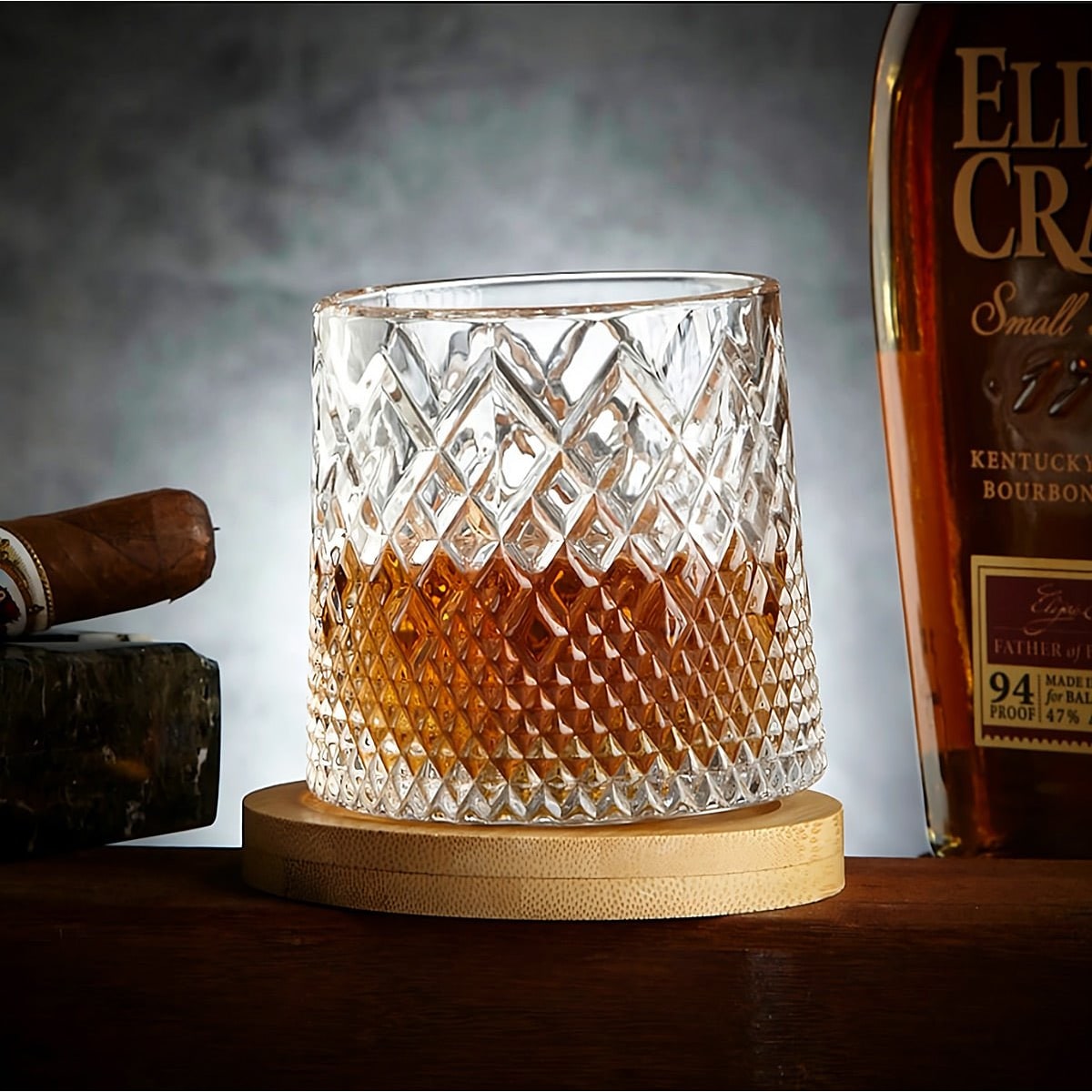 Men's Spinning Whiskey Glass Tumbler with Diamond Cut and Wooden Coaster - Image 5