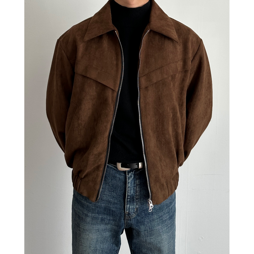 Men's Suede Jacket with Zip Closure and Pointed Collar - Image 1