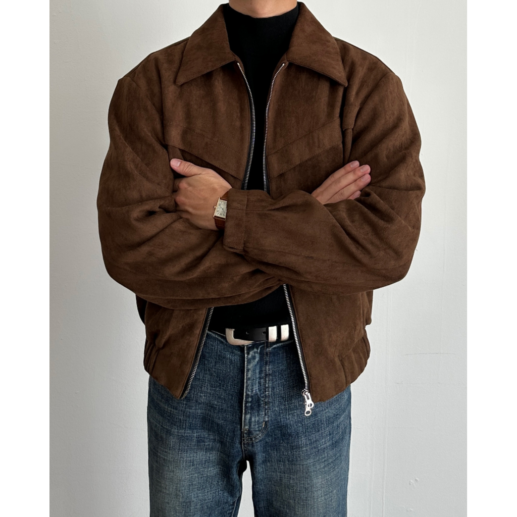 Men's Suede Jacket with Zip Closure and Pointed Collar - Image 2