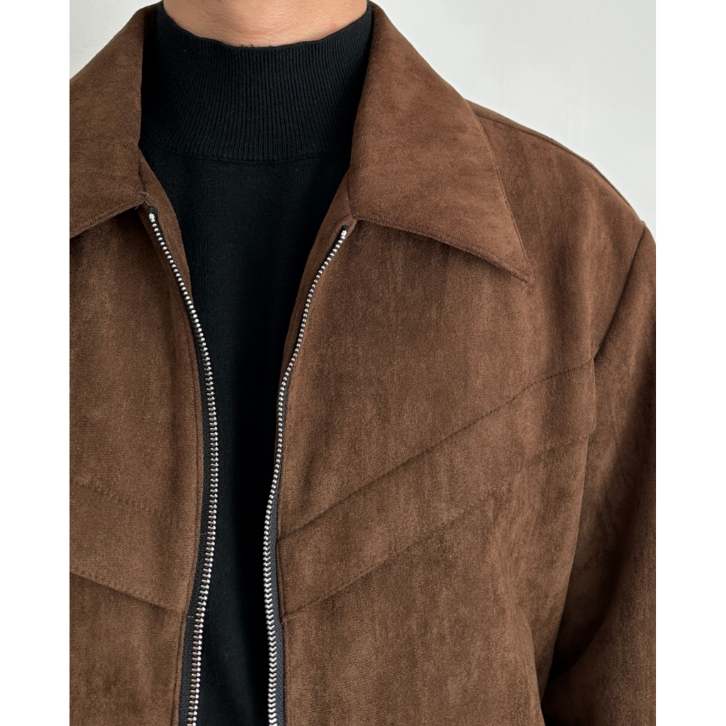 Men's Suede Jacket with Zip Closure and Pointed Collar - Image 4