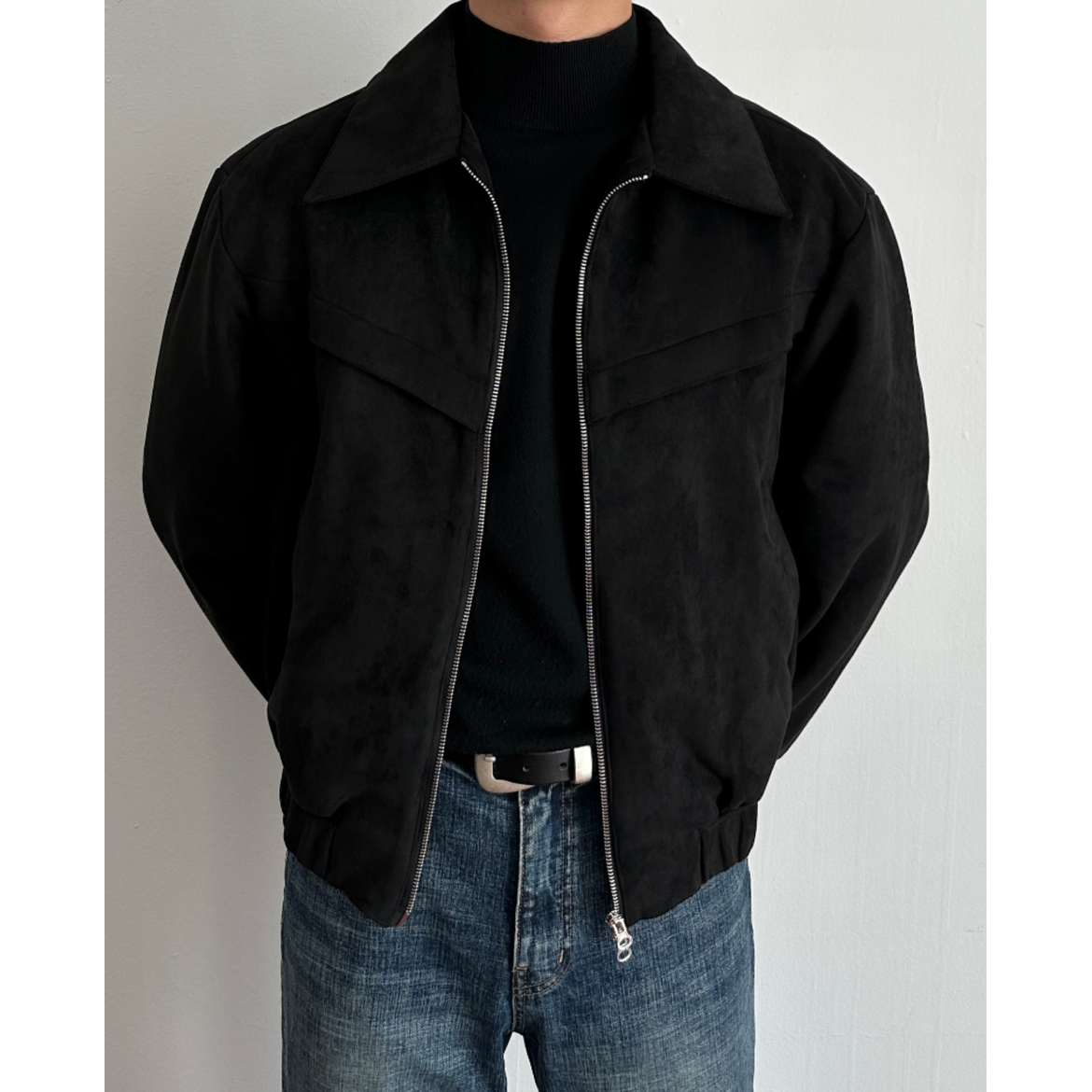 Men's Suede Jacket with Zip Closure and Pointed Collar - Image 5