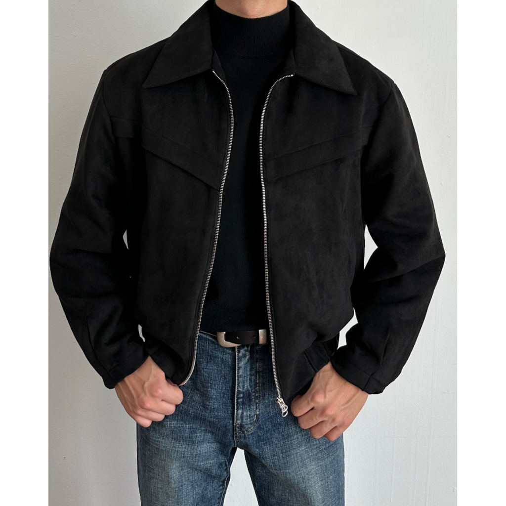 Men's Suede Jacket with Zip Closure and Pointed Collar - Image 6