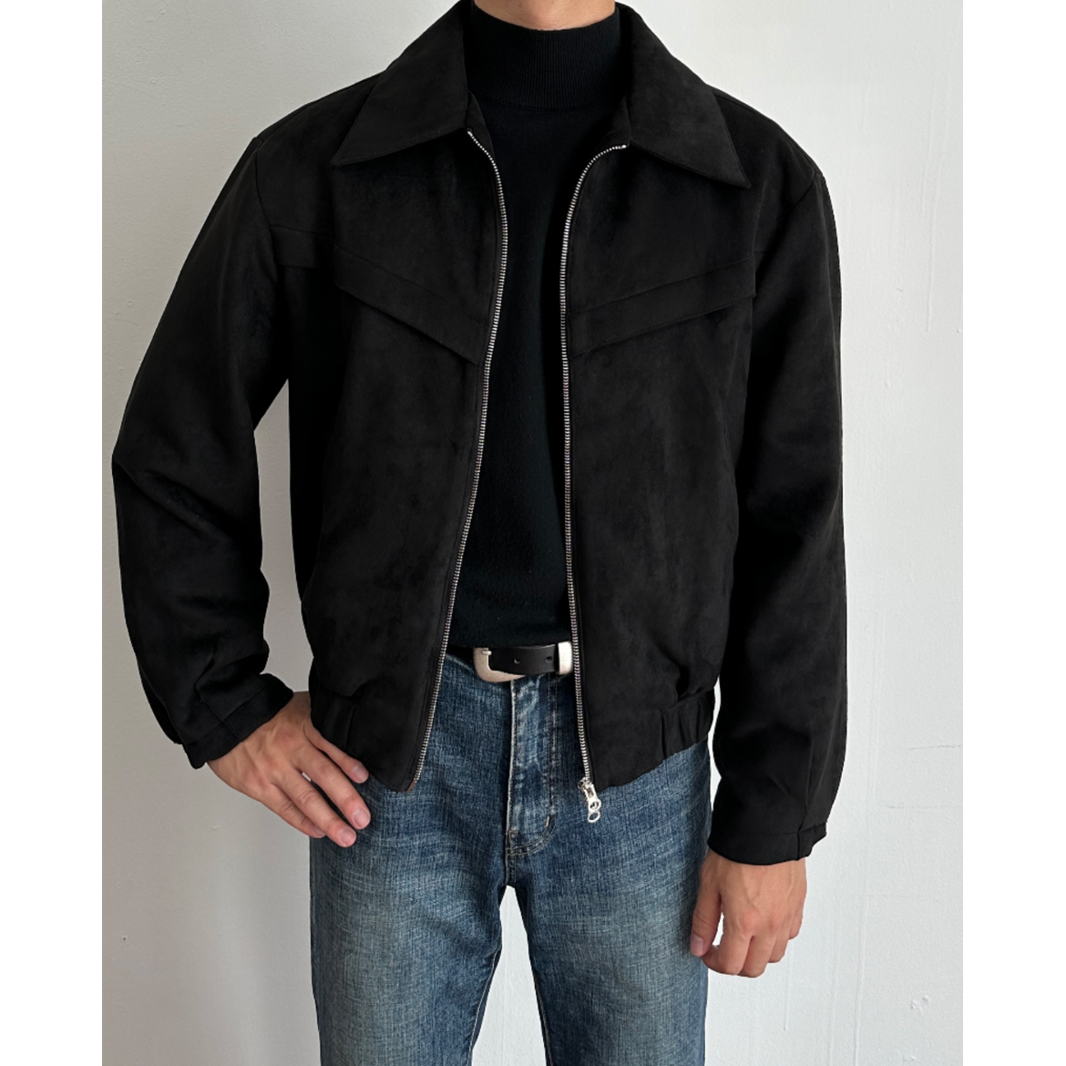 Men's Suede Jacket with Zip Closure and Pointed Collar - Image 7