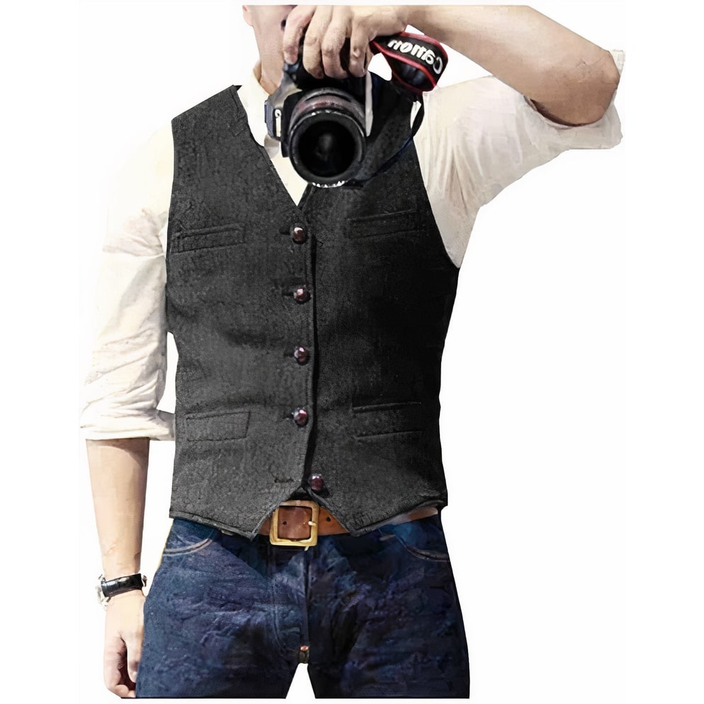 Men's Suit Vest Waistcoat Tweed with V-Neck Five Button Closure - Image 2