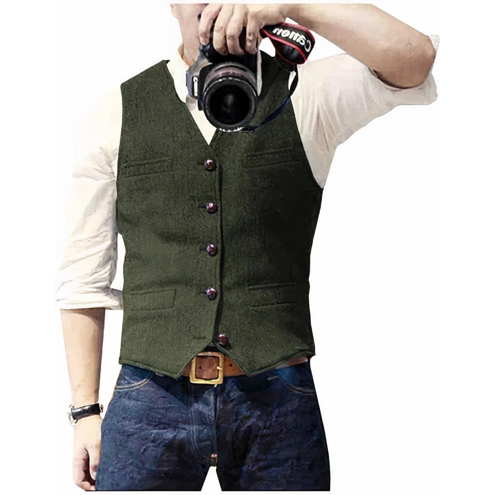 Men's Suit Vest Waistcoat Tweed with V-Neck Five Button Closure - Image 3