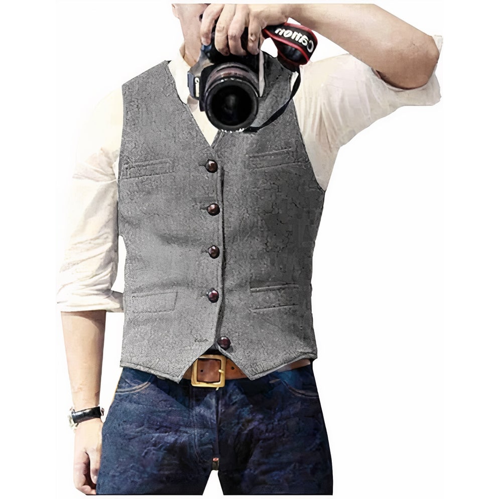 Men's Suit Vest Waistcoat Tweed with V-Neck Five Button Closure - Image 4